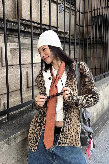 Retro Leopard Print V Neck Soft Brushed Loose Cardigan
