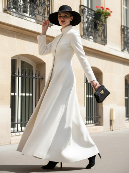 White Woolen Full-Length Coat With Stand Collar And A-Line Silhouette For Women 2026