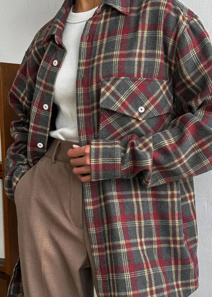 Retro Plaid Women's Shirt - Minimalist Long Sleeve