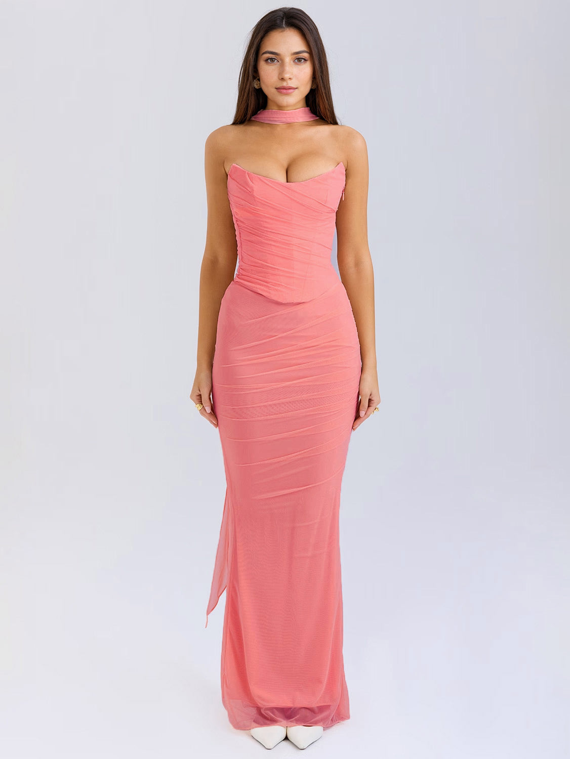 Strapless Corset And Mesh Maxi Skirt And Neck Scarf Party 3 Piece Co-ord Set For Women 2026
