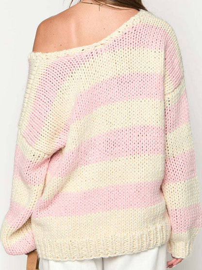 Off The Shoulder Striped Print Oversized Sweaters