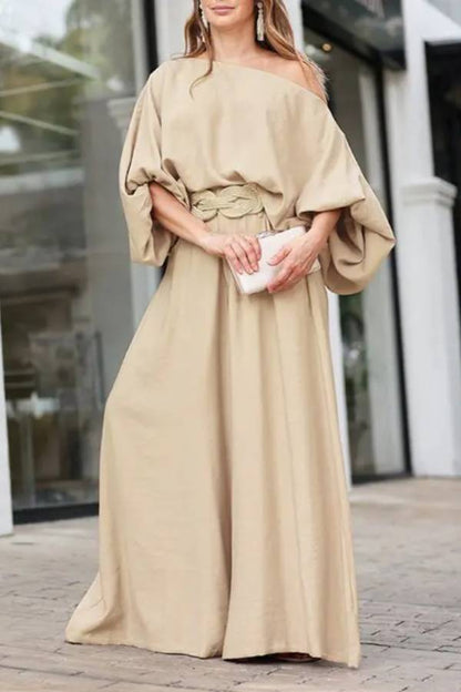 Skew Neck Lantern Sleeve Top & Wide Leg Pants Set