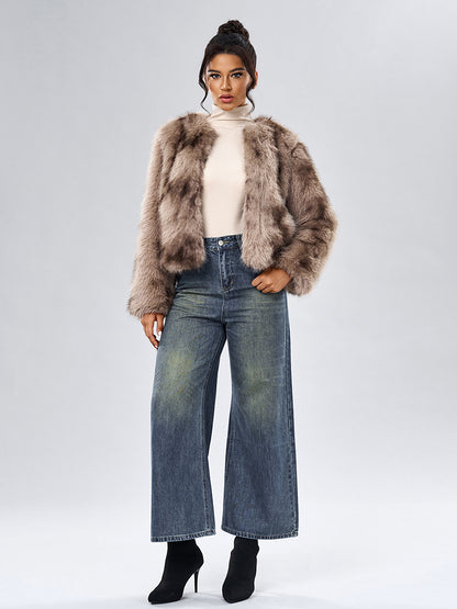 Faux Fur Coats Long Sleeves Casual Faux Fur Jacket Jewel Neck White Women Coat