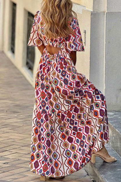 Vintage V Neck Short Sleeve Plaid Print Midi Dress