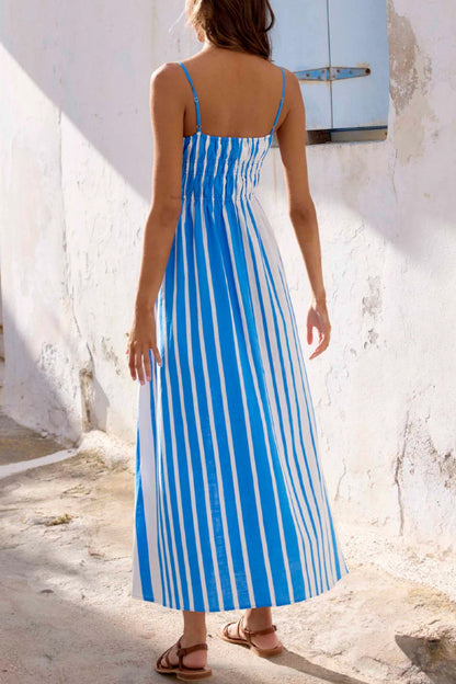 Striped Print Camisole Pleated Holiday Midi Dress