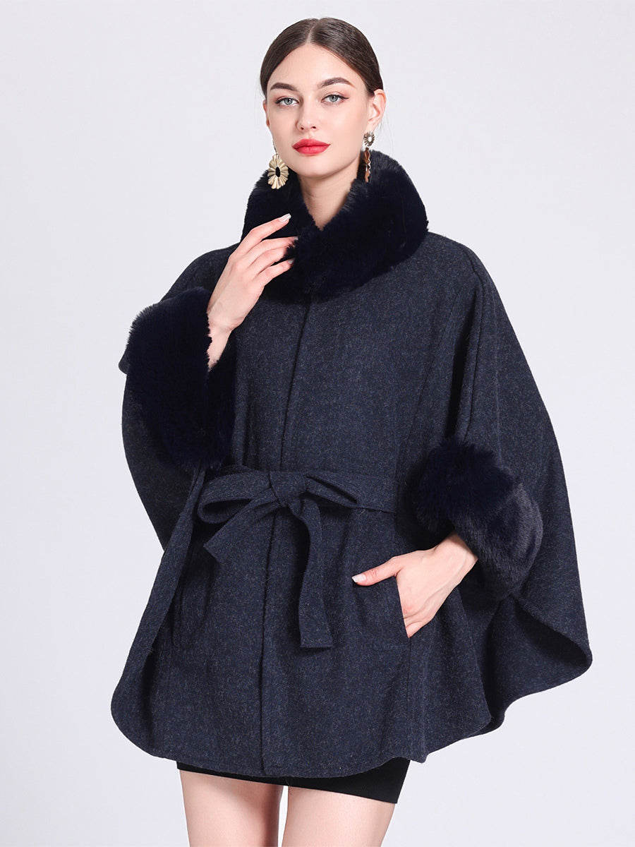 Women Poncho High Collar Light Gray Oversized Faux Fur Cape