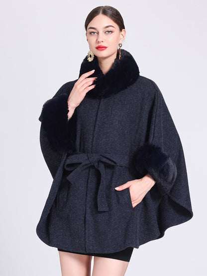 Women Poncho High Collar Light Gray Oversized Faux Fur Cape