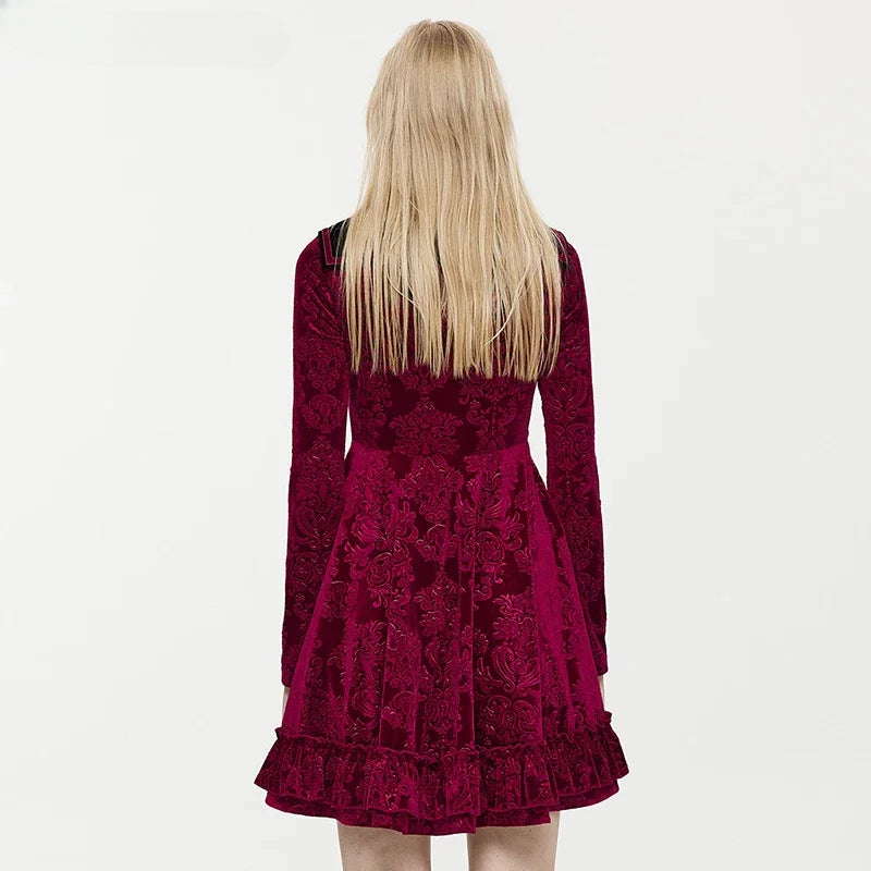 Gothic Damask Velvet Pointed Collar Button Front Ruffle Hem Mini Dress