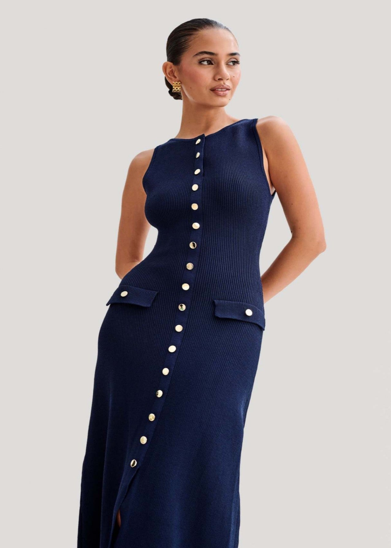 Juliette - Ribbed Knit Button Midi Dress