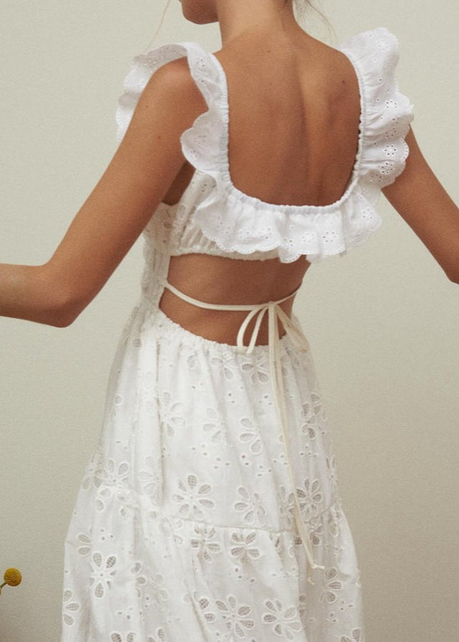 Fiorella Embroidered Maxi Dress – Eyelet Cotton Dress with Open Back & Ruffle Straps