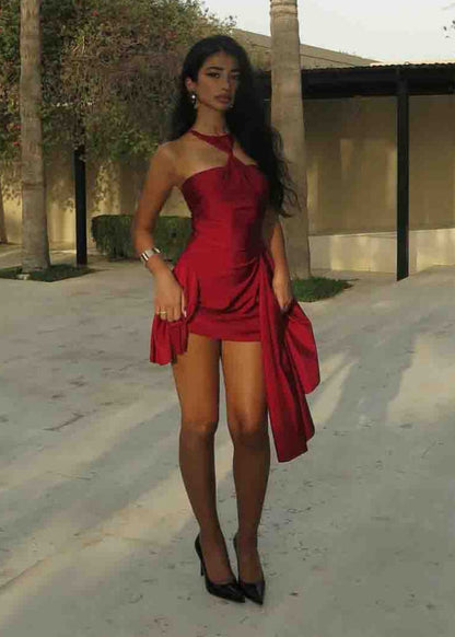 Selene - Asymmetrical Satin Halter Dress