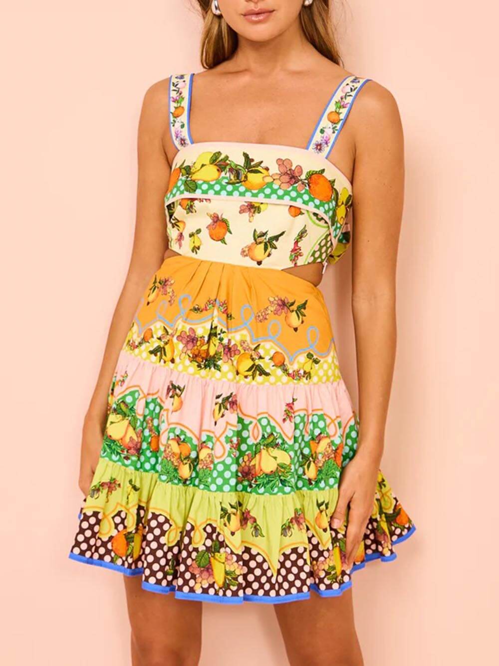 Fruit Print Tiered Ruffle Side Cutout Mini Dress
