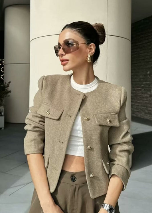 TailoRed Tweed Cropped Jacket – Classic Elegance with Gold Button Accents