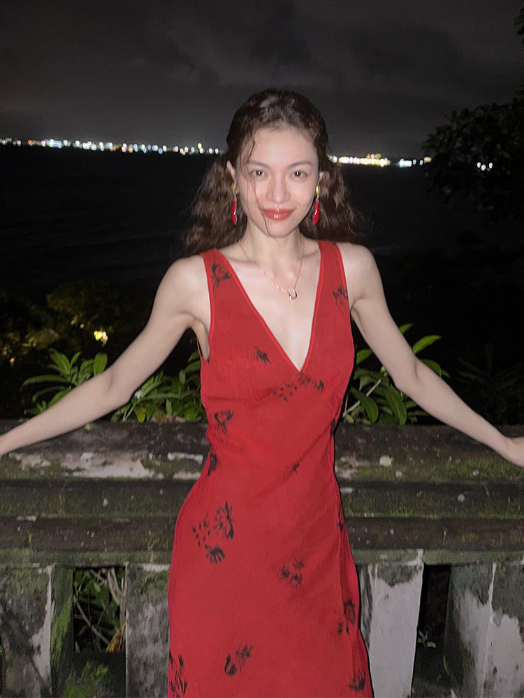 Vintage Red V-Neck Floral Maxi Dress