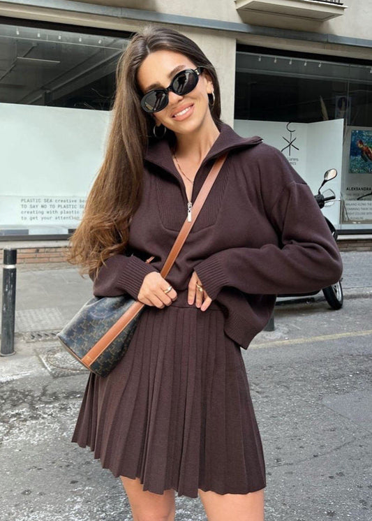 Noelle - Ribbed Knit Zip Sweater & Pleated Skirt Set