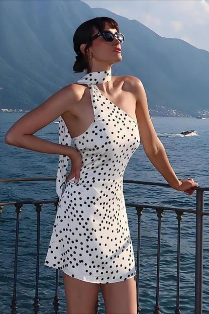 Polka Dot Halter High-Neck Scarf Drape One-Shoulder Bodycon Mini Dress