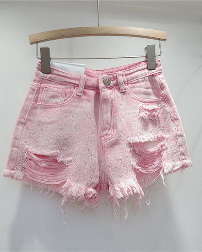 High-Waisted Slimming Colored Perm Ripped Denim Shorts