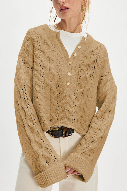 Solid Color Loose-fitting Openwork Long-sleeved Knit Sweater