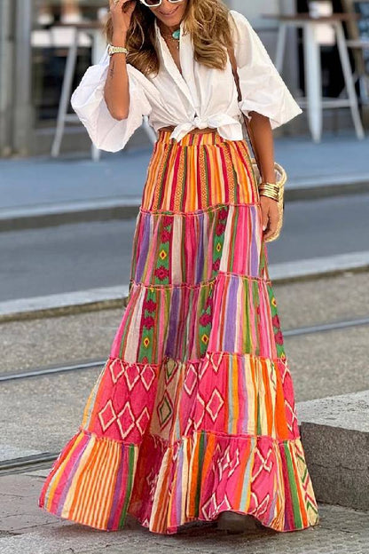 Color Block Ethnic Style Retro Long Skirt