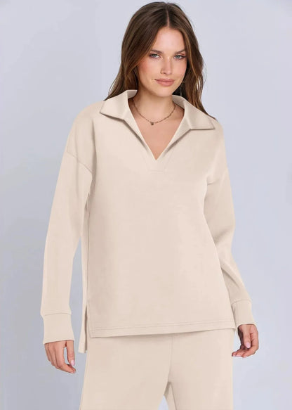 Relaxed Collar Pullover & Wide-Leg Pants Set