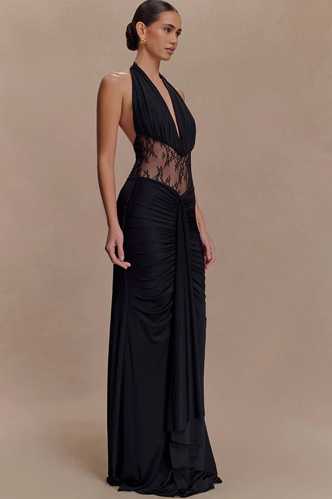 Halter Plunging V-Neck Lace Panel Ruched Drape Maxi Gown