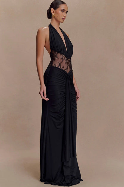 Halter Plunging V-Neck Lace Panel Ruched Drape Maxi Gown