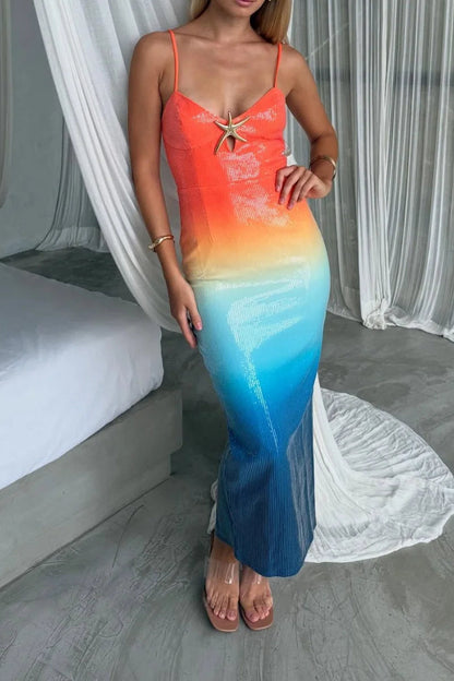 Gradient Sequin Spaghetti Strap Starfish Detail Bodycon Maxi Dress