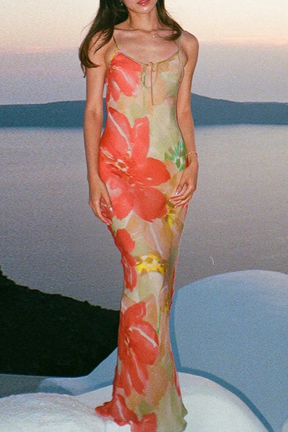 Floral Tie Back Cutout Cami Mermaid Maxi Dress