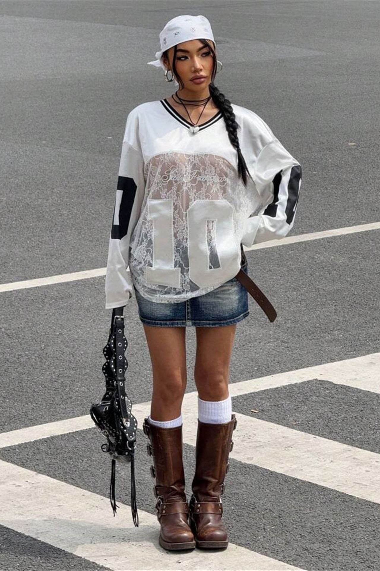 Lace Sheer V Neck Print Sweatshirt