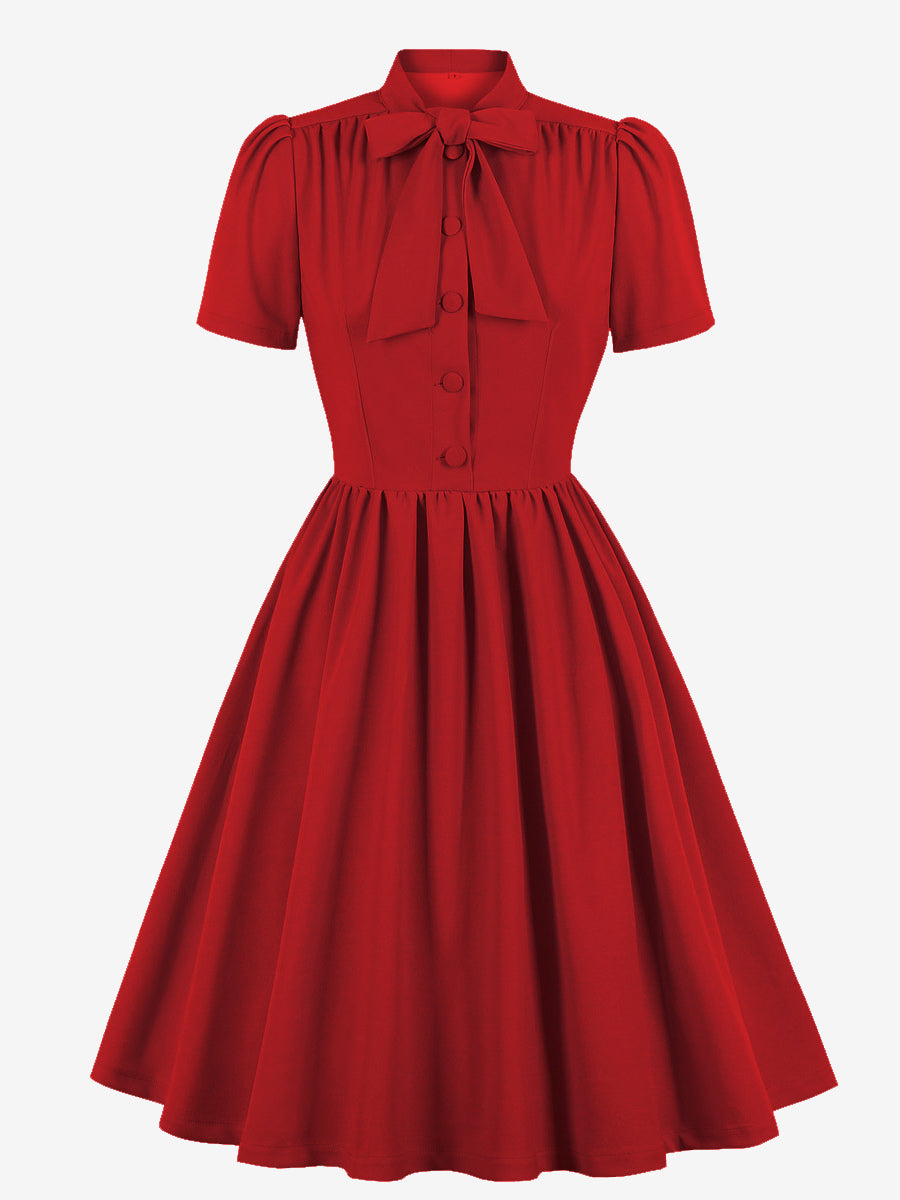 Vintage 1950s Midi Swing Tea Dress for Women - Bow Neck Short Sleeve Fit and Flare Rockabilly Gown - Garden Party 2026