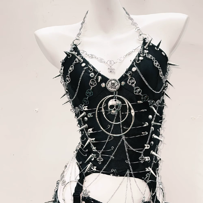 Metal chain v neck halter o ring rivet applique mini skirt set