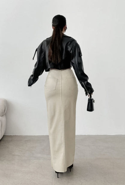 Khaki PU Leather High Waist Split Midi Skirt