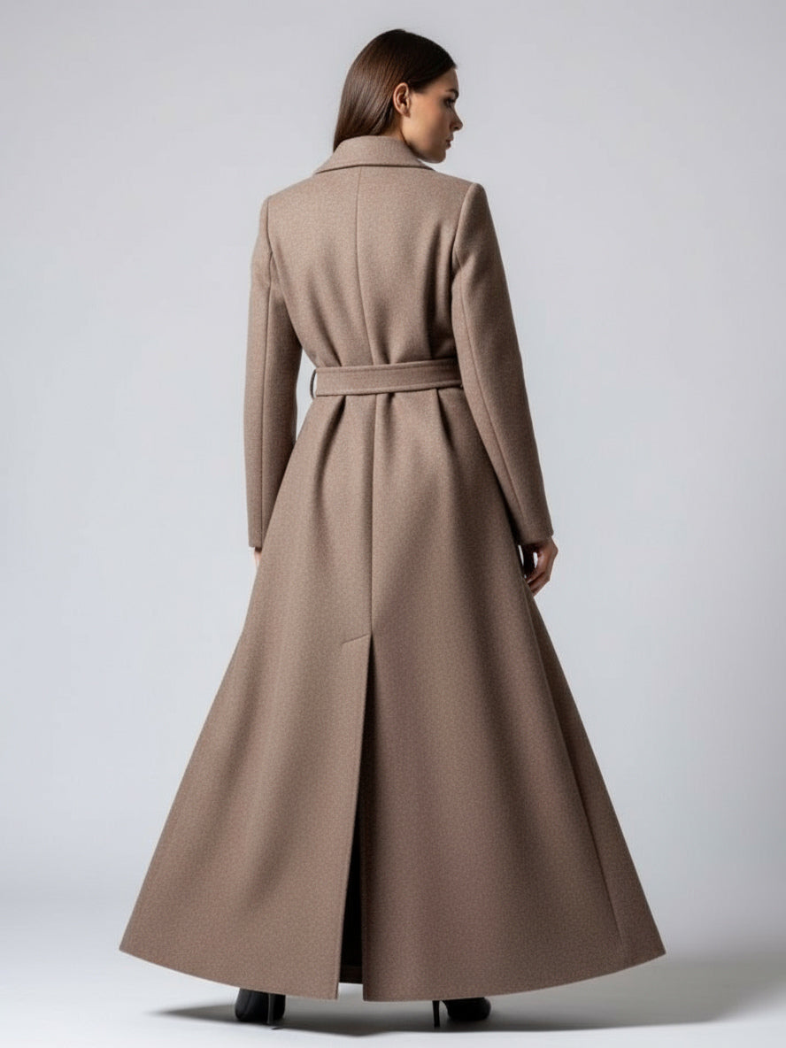 Belted Full Length Maxi Woolen Coat With Lapel And Big Pockets For Women 2026