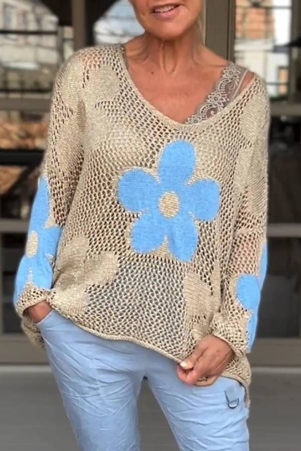 Floral Knitted Hollow V-neck Shirt Floral Mesh Sweater