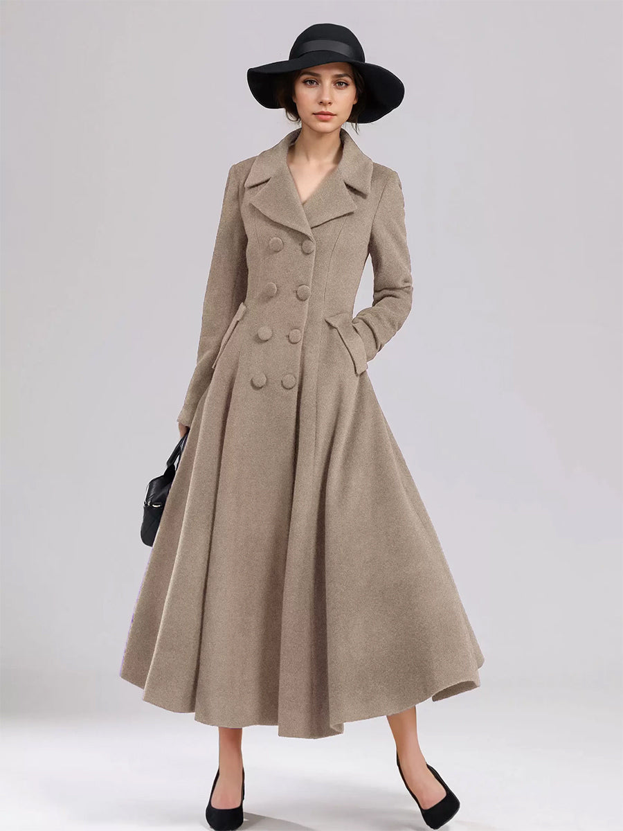 Wool Blend Flared Coat For Women Dark Navy Double-breasted Wide Lapel A-line Winter Outerwear 2026