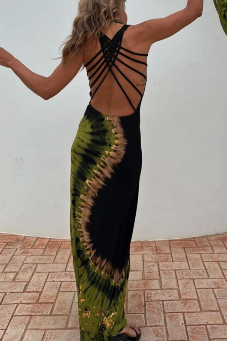 Summer Adventures Tie-dye Print Back Lace-up Stretch Maxi Dress