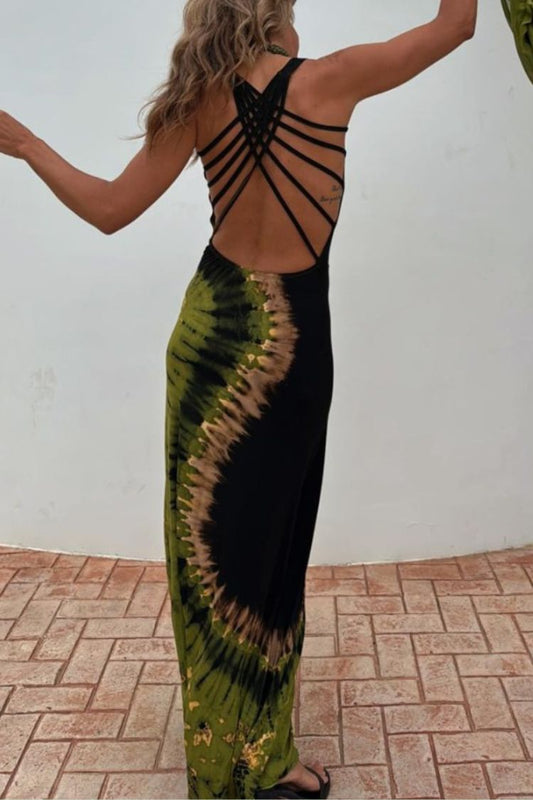 Summer Adventures Tie-dye Print Back Lace-up Stretch Maxi Dress