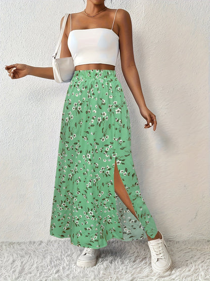 Women's High-Waisted Floral Maxi Skirt – Lightweight Side Slit