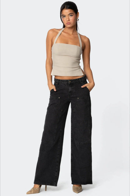 Washed Oversized Mid-Rise Cargo Pocket Straight-Leg Jeans
