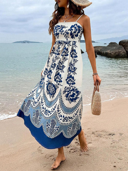 Mediterranean Floral Print Spaghetti Strap Square Neck Tiered Maxi Dress