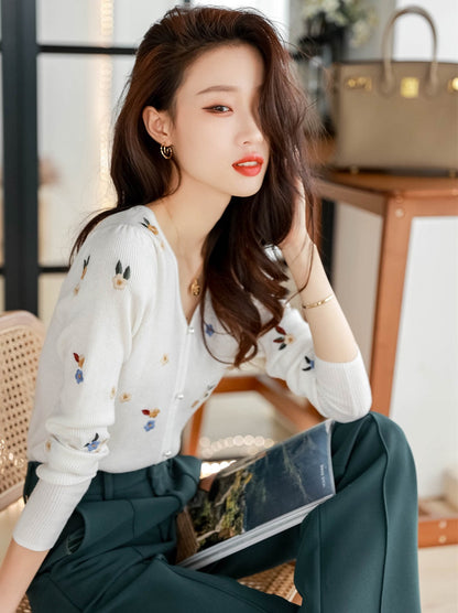 Alena Retro V-Neck Embroidered Sweater