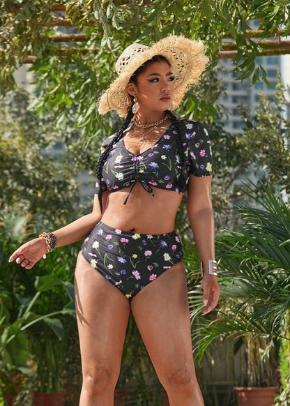 Floral Print High-Waisted Bikini Set with Crop Top