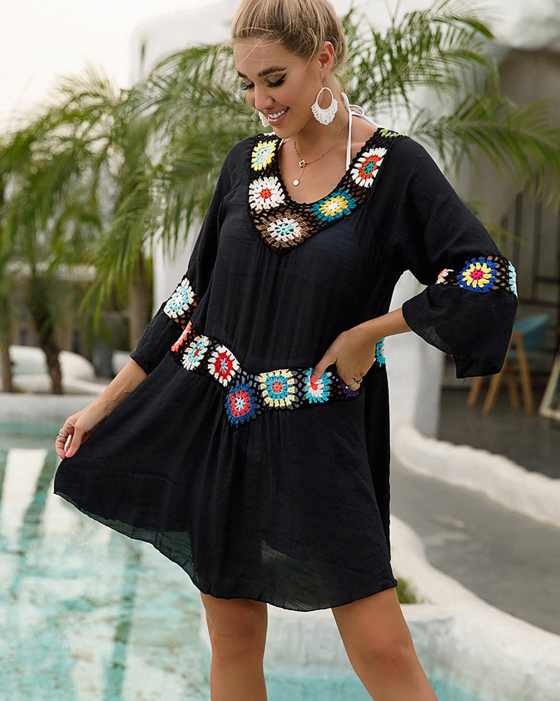 Tenue de plage Noire motifs ethniques