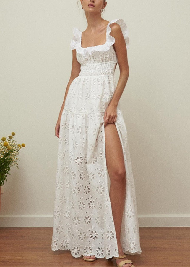 Fiorella Embroidered Maxi Dress – Eyelet Cotton Dress with Open Back & Ruffle Straps