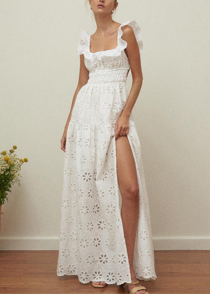 Fiorella Embroidered Maxi Dress – Eyelet Cotton Dress with Open Back & Ruffle Straps