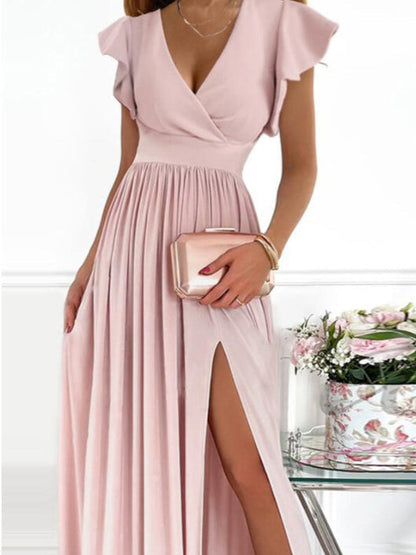 V Neck Wrap Flutter Sleeve Pleated Side Slit Maxi Dress