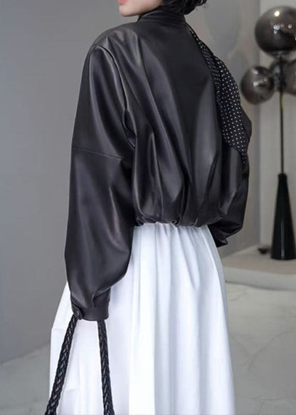 Urban Muse - Cropped Faux Leather Snap Jacket