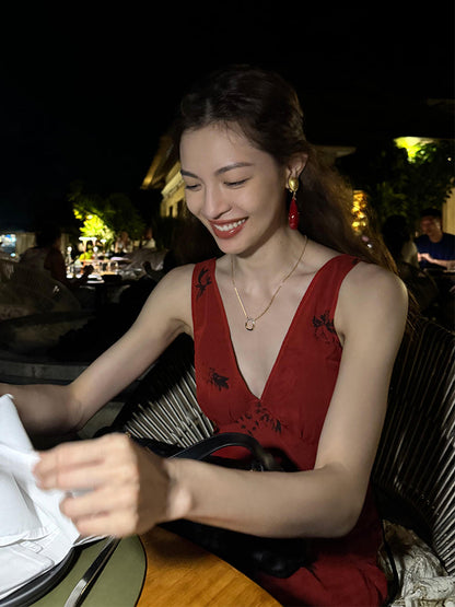 Vintage Red V-Neck Floral Maxi Dress