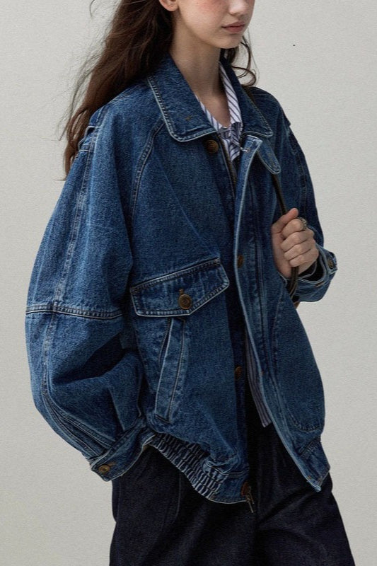 Stand Collar Washed Denim Utility Jacket