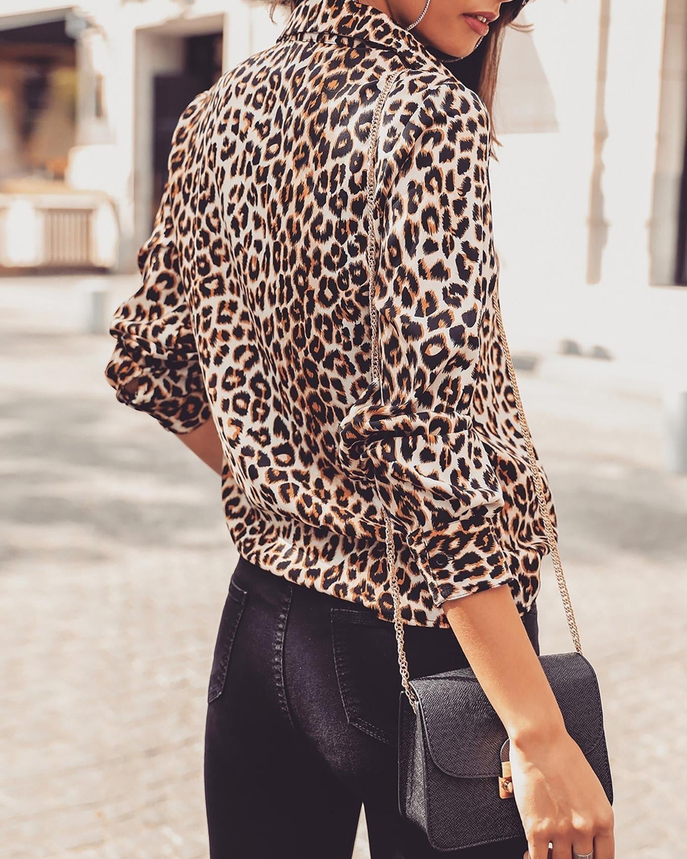 Women's Leopard Print Button-Up Blouse – Long Sleeve Stylish Top